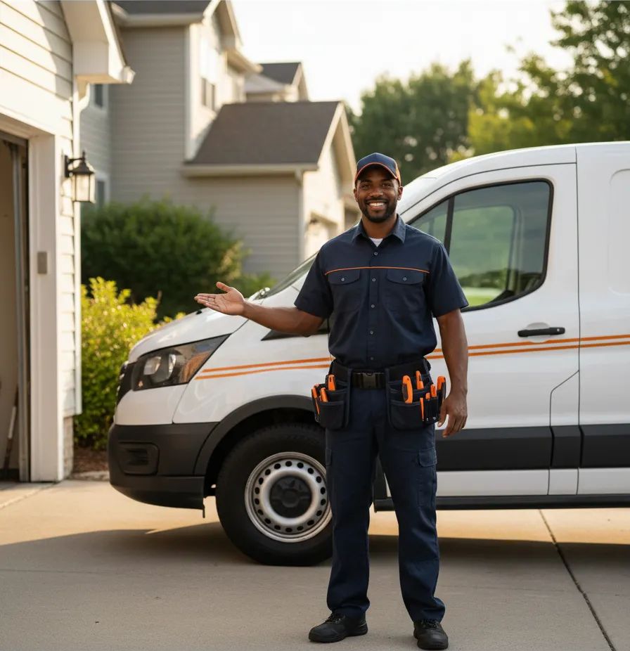 Friendly garage door technician next to a branded service van in League City